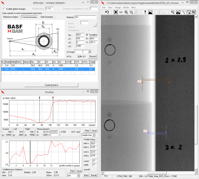 Tangential measurement of wall thickness in the wtScope software (2002)
